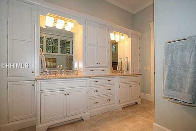 Bathroom - large master bathroom idea in Atlanta with an undermount sink, beaded inset cabinets and white cabinets