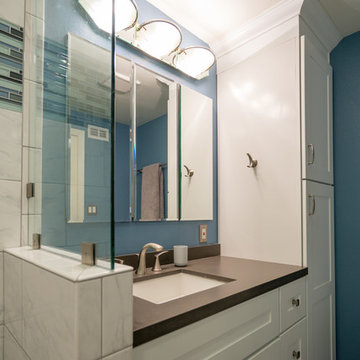 University City Master Bathroom with Blue Walls and White Vanity