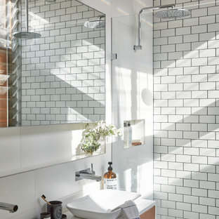 Small industrial master bathroom in Sydney with medium wood cabinets, engineered quartz benchtops, ceramic tile, ceramic floors, a vessel sink, grey floor, an open shower, white benchtops, flat-panel cabinets, an alcove shower and white tile.