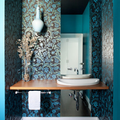 Bathroom - eclectic bathroom idea in San Francisco with a vessel sink and multicolored walls