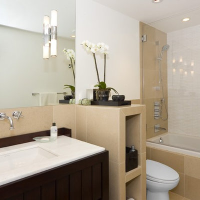 Example of a trendy beige tile bathroom design in San Francisco with dark wood cabinets