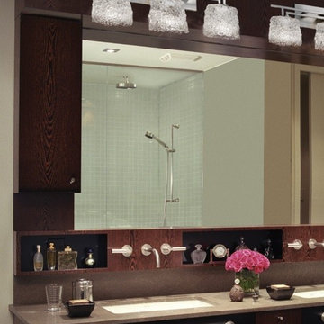 Veneto Luce Aero Bath Bars, Oval, Brushed Nickel With Lace Glass above Bathroom