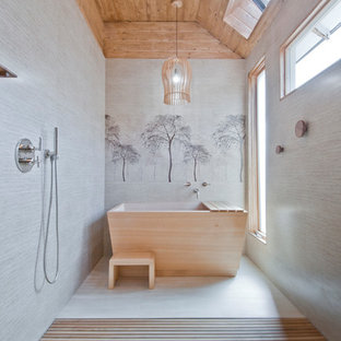 Inspiration for an asian gray tile beige floor bathroom remodel in Los Angeles with gray walls