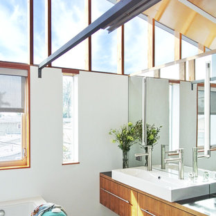 Immagine di una stanza da bagno design con lavabo a bacinella, ante lisce e ante in legno scuro