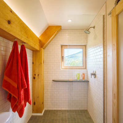 Bathroom - small rustic master white tile and porcelain tile green floor bathroom idea in DC Metro with a two-piece toilet, white walls, a drop-in sink, wood countertops and brown countertops