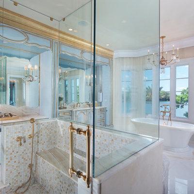 Inspiration for a large shabby-chic style master beige tile, brown tile, white tile and mosaic tile porcelain tile bathroom remodel in Orlando with white walls