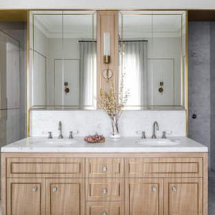 Transitional bathroom in Sydney with recessed-panel cabinets, light wood cabinets, white tile, white walls, an undermount sink, grey floor, white benchtops, a double vanity and a built-in vanity.