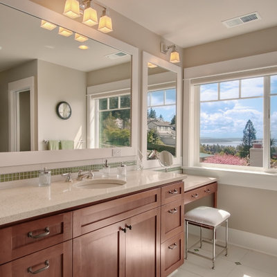Bathroom - traditional green tile and mosaic tile bathroom idea in Seattle with an undermount sink, shaker cabinets and dark wood cabinets