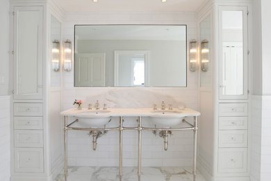 Large elegant master white tile and marble tile marble floor and white floor bathroom photo in Bridgeport with white cabinets, marble countertops, white countertops, recessed-panel cabinets, gray walls and an undermount sink