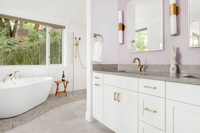 Example of a large transitional master white tile gray floor and porcelain tile bathroom design in Portland with white walls, gray countertops, white cabinets, shaker cabinets, an undermount sink and quartz countertops