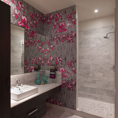Example of a trendy bathroom design in Austin with a vessel sink and multicolored walls