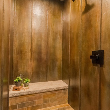Walk-in Shower in Rusted Steel and Brick Granicrete