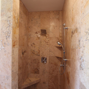 Walk in Shower with Bench and Shampoo Shelves