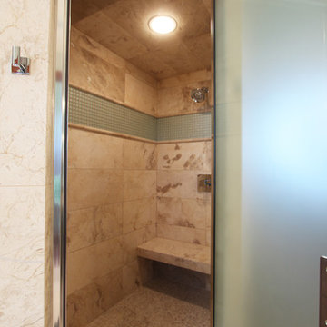 Walk in Shower with Glass Tile and Travertine Tile