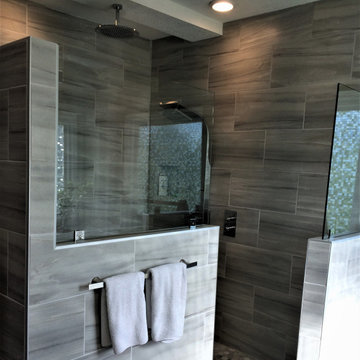 Walk-in Shower with Half Wall and Glass Partitions