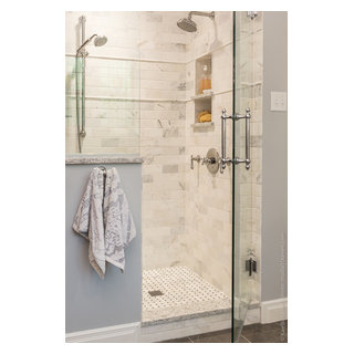 Walk in Shower with Marble Subway Tile and Frame less Door ...