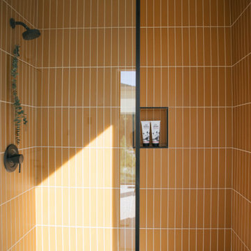 Walk-In Shower with Mustard Yellow Glass Tile