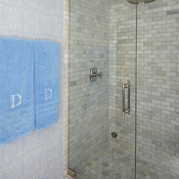 Walk-in Shower with Rain Head and Marble Walls