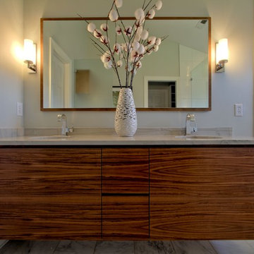 Wall Hung Vanity in Walnut, Matching Walnut Mirror Dual Ginger Sconces