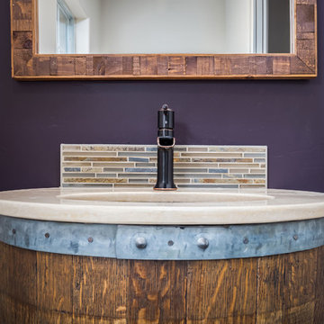 Wall Mounted Wine Barrel Sink in Small Eclectic Bathroom