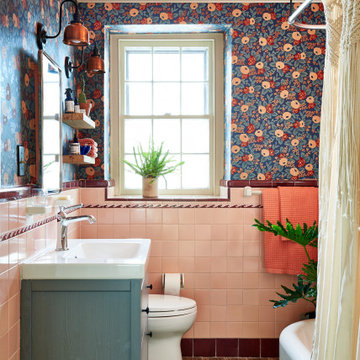 Wallpaper + Pink Tile Kids Bath