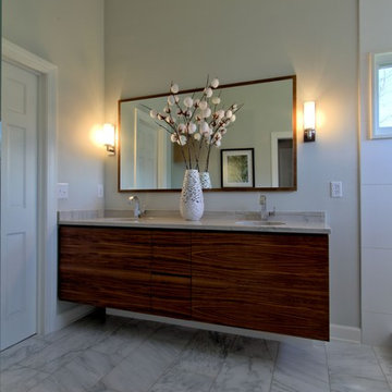 Walnut Wall-Hung Vanity with Matching Mirror and Dual Sconces