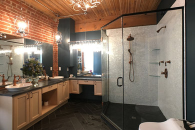 Large eclectic master white tile and mosaic tile slate floor and black floor bathroom photo in Other with shaker cabinets, light wood cabinets, a one-piece toilet, green walls, a vessel sink, soapstone countertops, a hinged shower door and green countertops