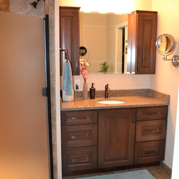 Warm Transitional Kitchen and Bathroom Remodel
