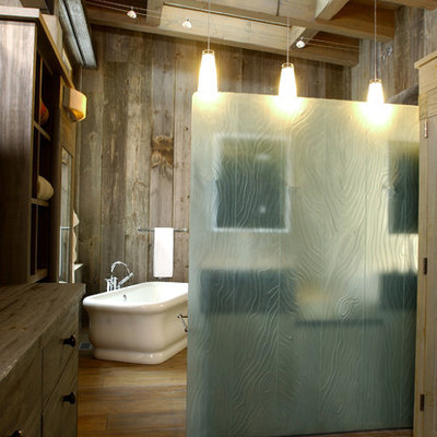 Inspiration for a rustic freestanding bathtub remodel in Denver