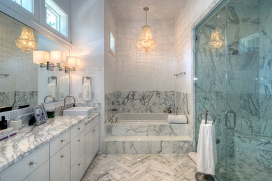 Mid-sized beach style master gray tile and marble tile marble floor bathroom photo in Miami with shaker cabinets, white cabinets, gray walls, a vessel sink and marble countertops