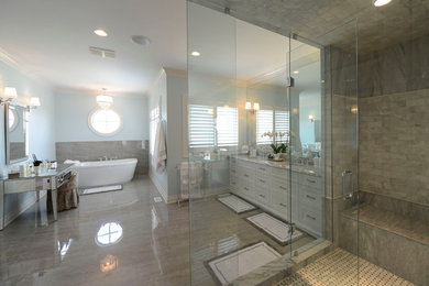 Bathroom - large master gray tile bathroom idea in Toronto with shaker cabinets, white cabinets, blue walls and an undermount sink