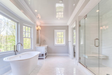 Large transitional master white floor bathroom photo in Other with white cabinets, an undermount sink, flat-panel cabinets, white walls and a hinged shower door