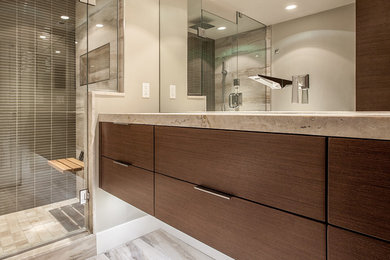 Trendy master bathroom photo in Miami with dark wood cabinets