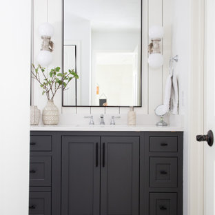 Inspiration for a transitional mosaic tile floor, gray floor, single-sink and shiplap wall bathroom remodel in Indianapolis with shaker cabinets, gray cabinets, white walls, an undermount sink, white countertops and a built-in vanity
