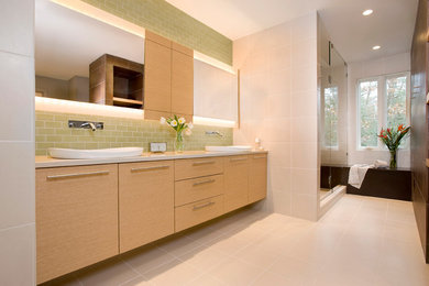 Bathroom - large modern master green tile and subway tile cement tile floor and beige floor bathroom idea in Boston with flat-panel cabinets, light wood cabinets, beige walls, a vessel sink, quartz countertops, beige countertops and a hinged shower door