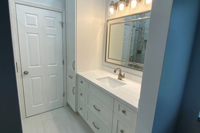 Bathroom - transitional master single-sink bathroom idea in Miami with shaker cabinets, white cabinets, an undermount sink and quartz countertops