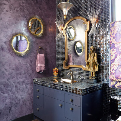 Bathroom - eclectic mosaic tile bathroom idea in New York with flat-panel cabinets, purple walls and tile countertops