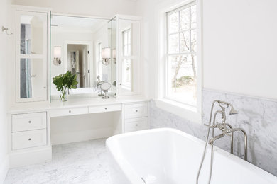 Large transitional master gray tile and white tile marble floor bathroom photo in New York with shaker cabinets, white cabinets, white walls, an undermount sink and marble countertops