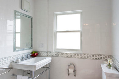 Example of a small ornate 3/4 white tile and subway tile marble floor bathroom design in New York with white walls