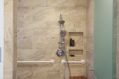 Example of a small trendy master beige tile and ceramic tile ceramic tile walk-in shower design in Richmond with a one-piece toilet, beige walls and a pedestal sink