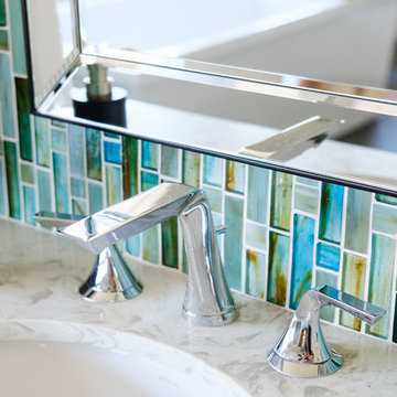 White & Bright Master Bathroom w/ Teal mosaic tile backsplash & Freestanding tub