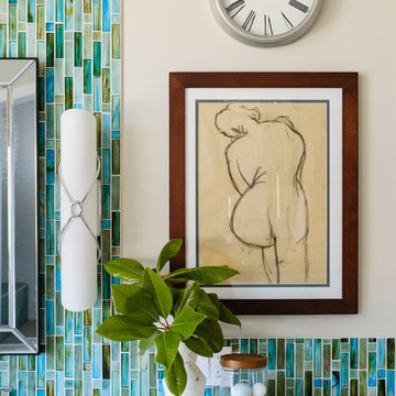 White & Bright Master Bathroom w/ Teal mosaic tile backsplash & Freestanding tub