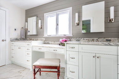 Inspiration for a large transitional master porcelain tile and white floor bathroom remodel in Richmond with white cabinets, a two-piece toilet, beige walls, an undermount sink, granite countertops, a hinged shower door and white countertops