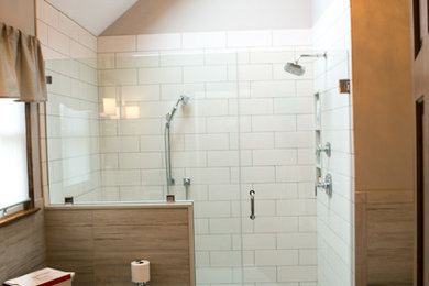 Doorless shower - mid-sized modern master light wood floor and gray floor doorless shower idea in New York with white walls and a hinged shower door