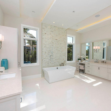 White contemporary bathroom with opal colored mosaics