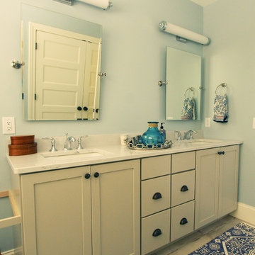 White Double Vanity with Tilt Mirrors and White Cabinets