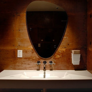 Inspiration for a mid-sized contemporary brown tile and wood-look tile bathroom remodel in Phoenix with a trough sink and concrete countertops