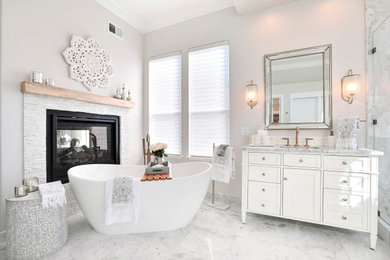 Large transitional master white tile and marble tile marble floor, white floor and single-sink bathroom photo in San Francisco with white cabinets, an undermount sink, marble countertops, gray countertops, recessed-panel cabinets, gray walls and a freestanding vanity