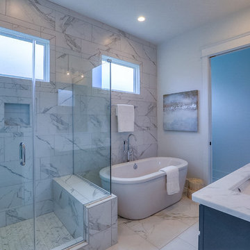 White Master Bath with Marble Tile