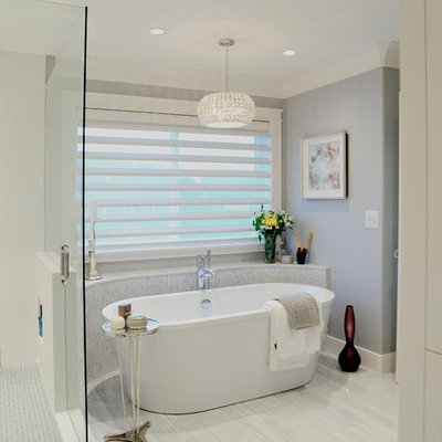Bathroom - mid-sized traditional master white tile and stone tile marble floor bathroom idea in Vancouver with an undermount sink